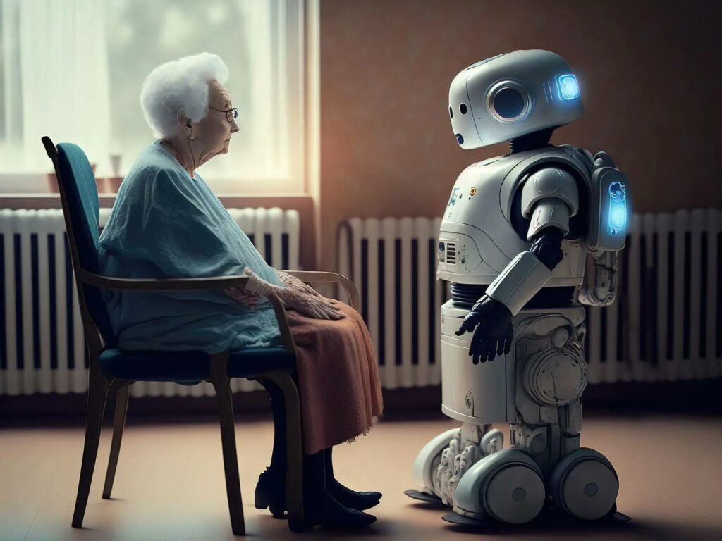 AI-generated image of an elderly woman sitting in a chair facing a mobile robot assistant.