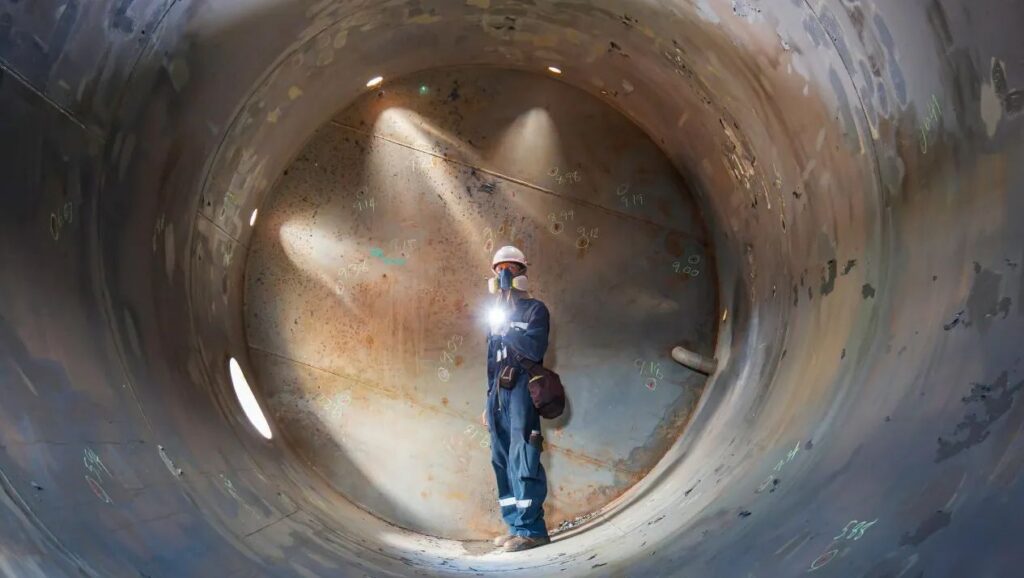 Man in coveralls, respiratory safety mask and safety helmet standing in a concrete tunnel. holding a lit flashlight