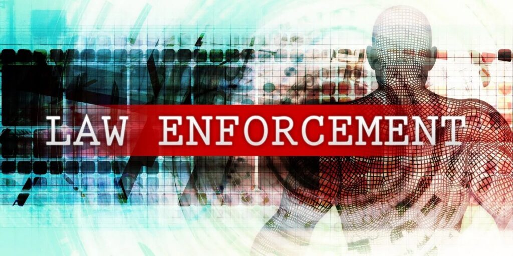 Banner with headline "Law Enforcement" and illustration of male figure's back.