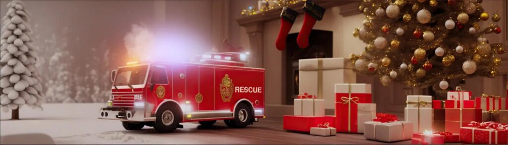 Firetruck with lights and sirens blaring, against a backdrop of snow, evergreen trees, Christmas tree, gifts and a fireplace with stockings.