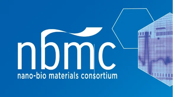 Nano-Bio Materials Consortium (NBMC) logo on blue background with hexagon shapes.