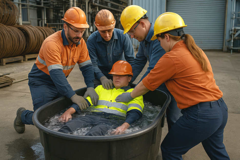 Frontline workers help teammate  full-body water immersion plunge.