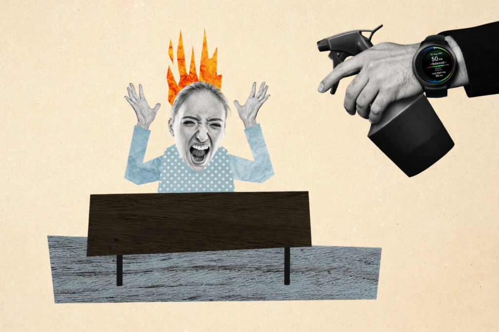 Collage illustration of workplace burnout prevention technology showing a stressed office worker with flames above her head and a hand holding a spray bottle while wearing a Garmin watch displaying low Body Battery.